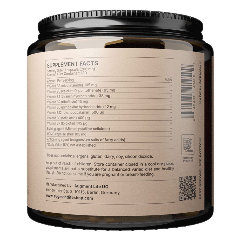 Etichetta di integratori alimentari con informazioni su vitamine e ingredienti, produttore e codice a barre.