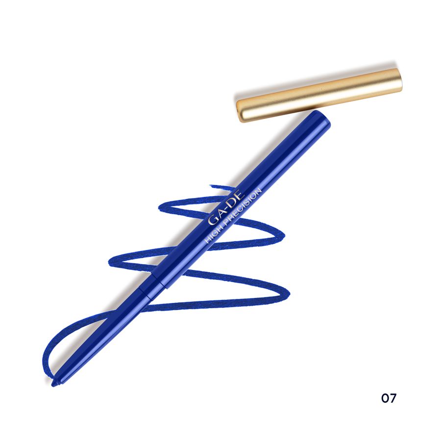 Eyeliner blu con cappuccio dorato e tratto. Scritta: GA-DE High Precision.