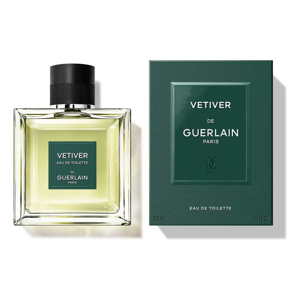 Flacone in vetro e confezione. Flacone con etichetta "VETIVER". Confezione con "VETIVER" e "DE GUERLAIN PARIS".