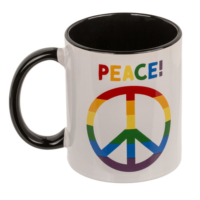 Tazza in ceramica con simbolo della pace arcobaleno. Manico e interno neri. Scritta PEACE.
