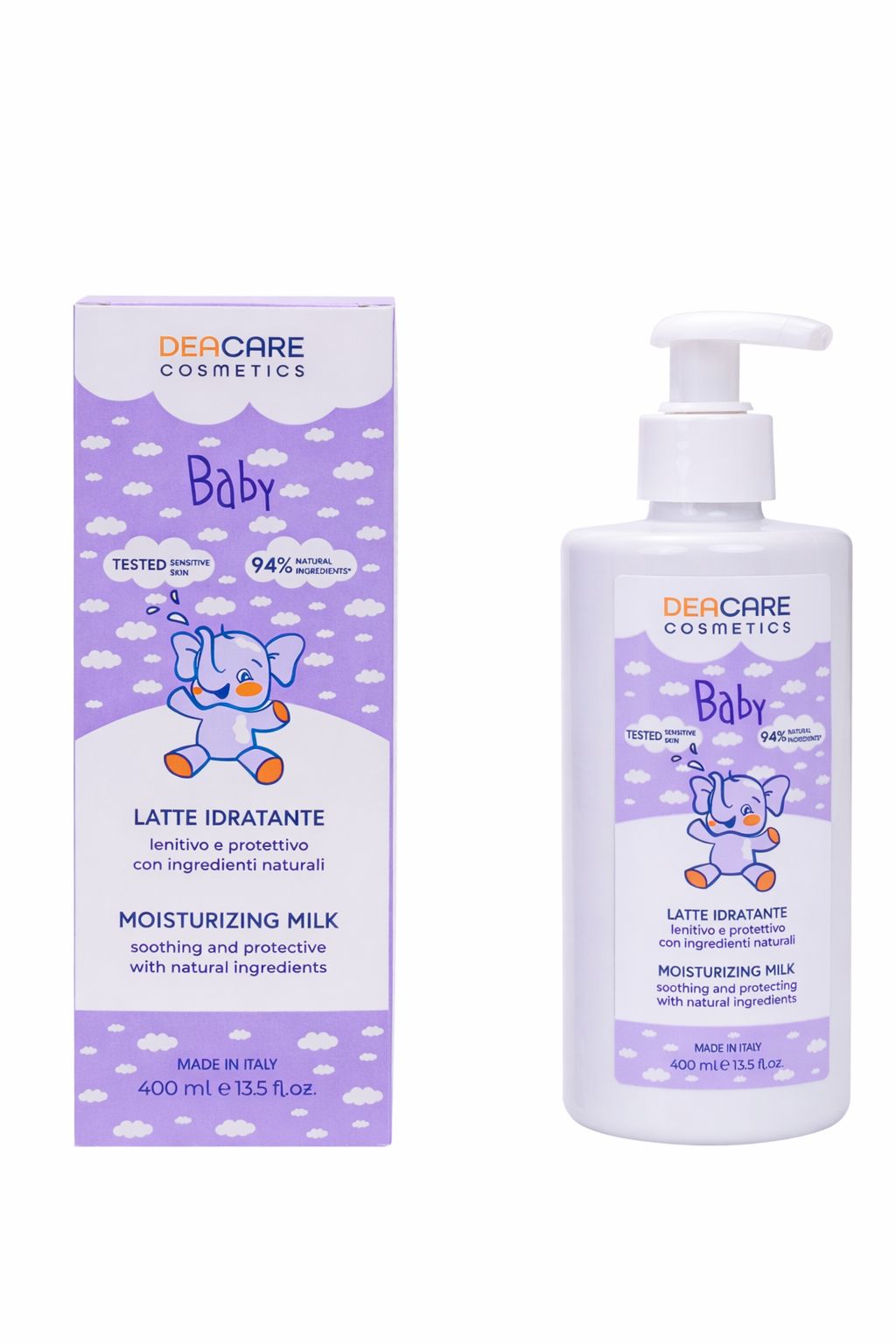 Flacone e confezione di latte idratante per bambini. Erogatore bianco e scatola con etichetta viola. Testo: DEACARE, Baby, Latte Idratante, 400 ml.