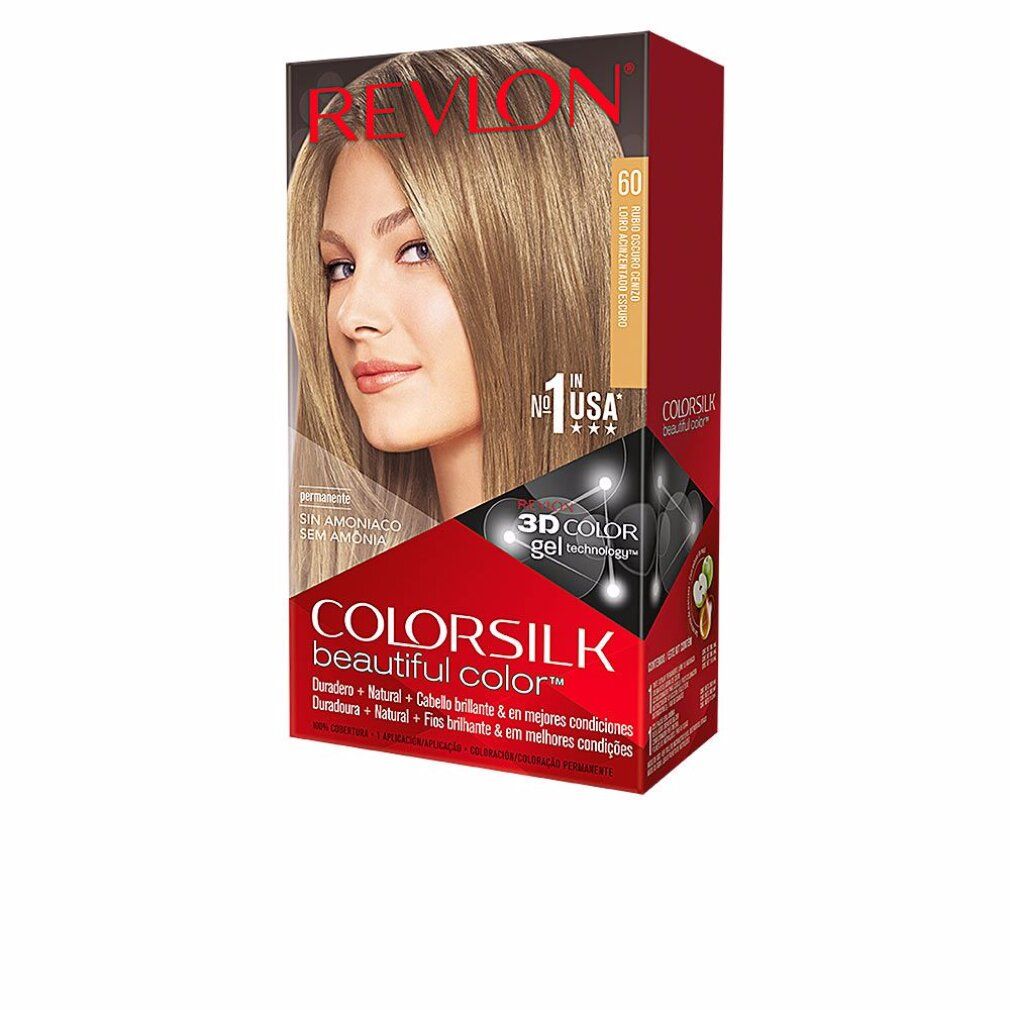 Scatola di tinta per capelli Revlon Colorsilk 60 Dark Ash Blonde. Donna bionda. Senza ammoniaca.
