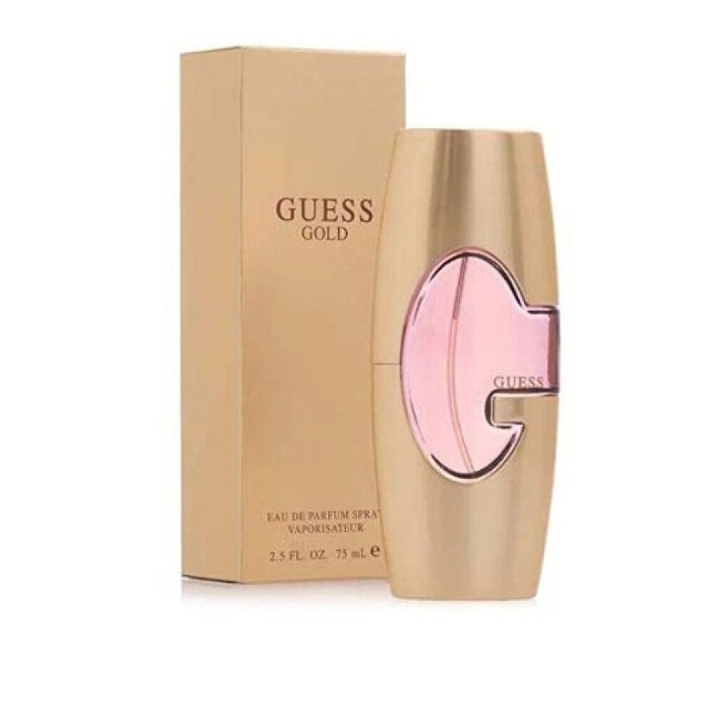 Flacone e scatola dorati. "GUESS GOLD" sulla scatola. Il flacone ha un centro rosa. "Eau de Parfum Spray".