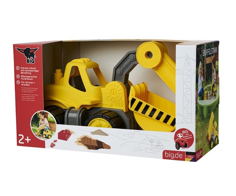 Escavatore giallo in confezione rossa. Strisce nere sulla benna. Marchio BIG. Età consigliata 2+.