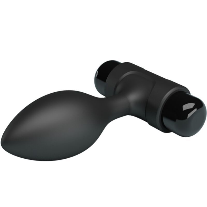 Tappo anale nero vibrante, in silicone, con manico e pulsante di vibrazione.