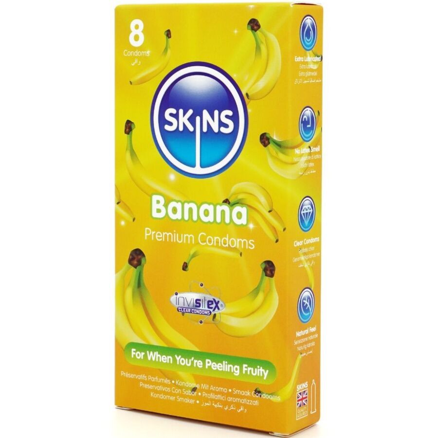 Confezione da 8 preservativi. Scatola gialla con motivi a banana e logo SKINS. Scritta: Banana Premium Condoms.