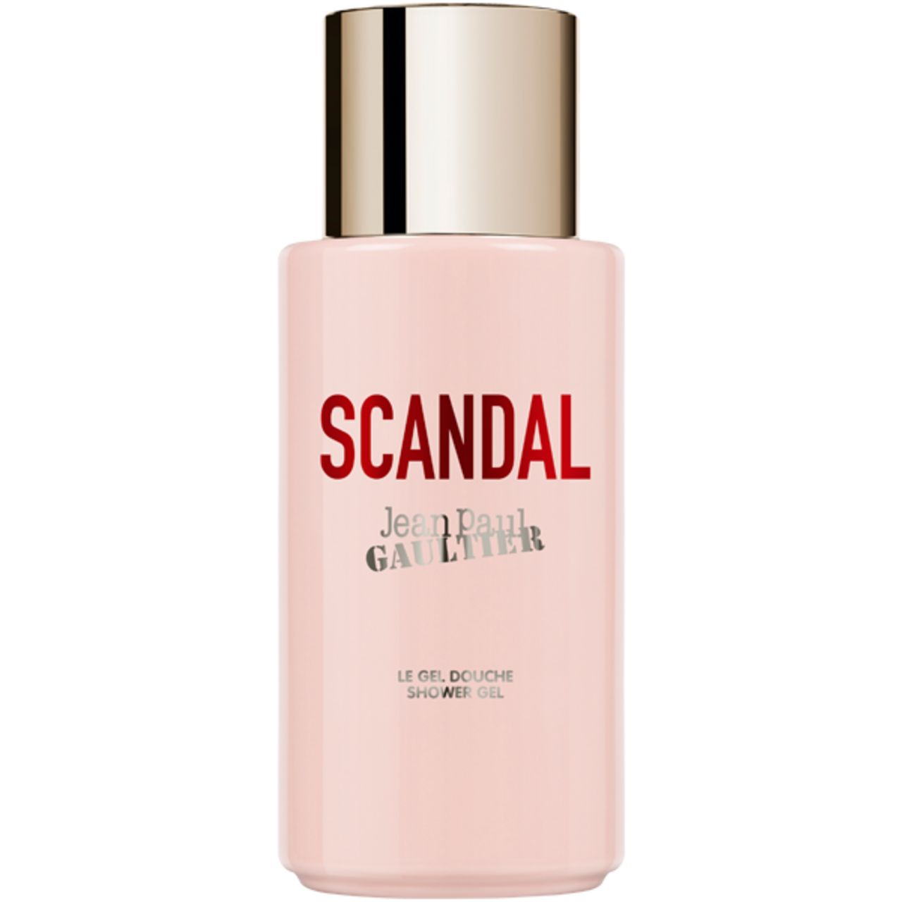 Flacone rosa con tappo argentato. Scritta "SCANDAL" e "Jean Paul Gaultier". "Le Gel Douche" sotto.