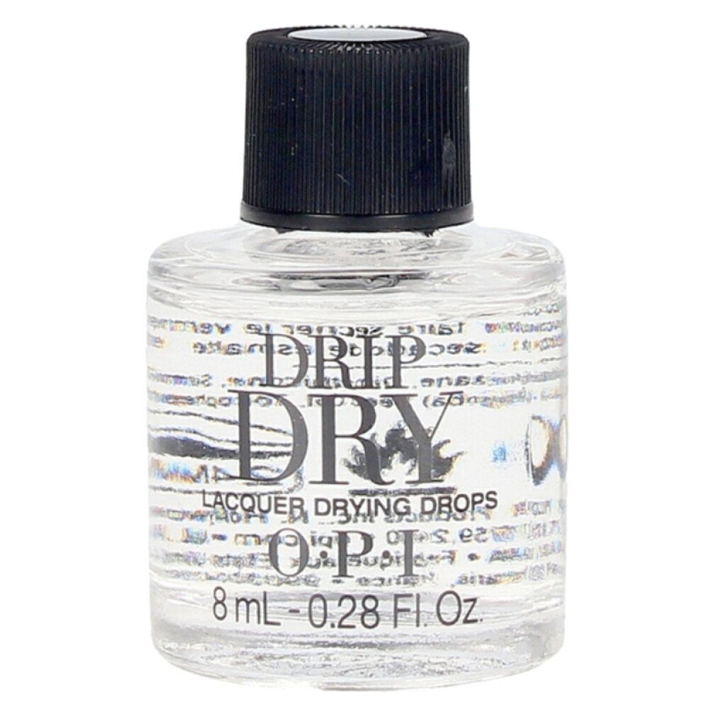 Flacone OPI Drip Dry Lacquer Drying Drops. Liquido trasparente in bottiglia di vetro con tappo nero. Testo: Drip Dry, Lacquer Drying Drops, OPI, 8 ml - 0.28 Fl. Oz.
