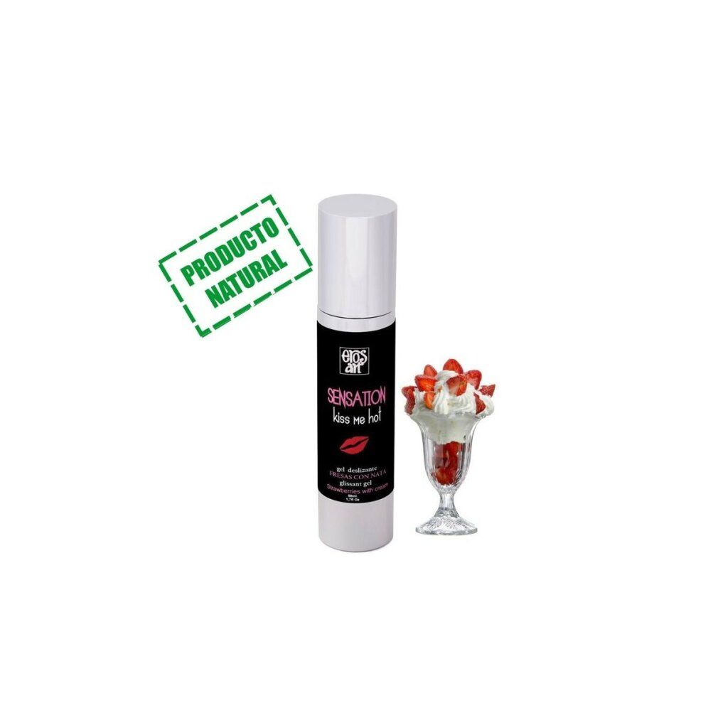 Flacone di gel lubrificante con dessert alle fragole e sigillo 'Producto Natural'.