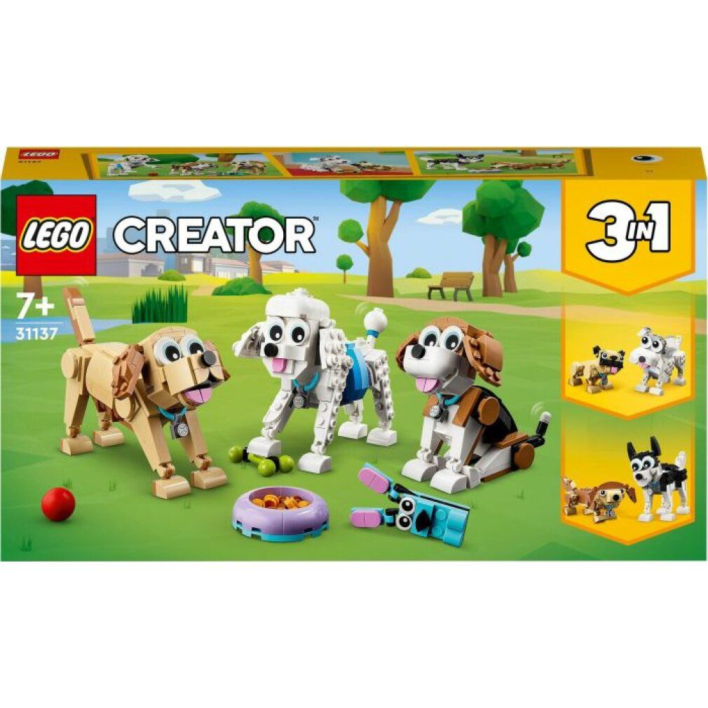 LEGO Creator 31137. Set 3 in 1. Modelli di cani: Bassotto, Barboncino, Beagle. Confezione con logo 3 in 1. 7+.
