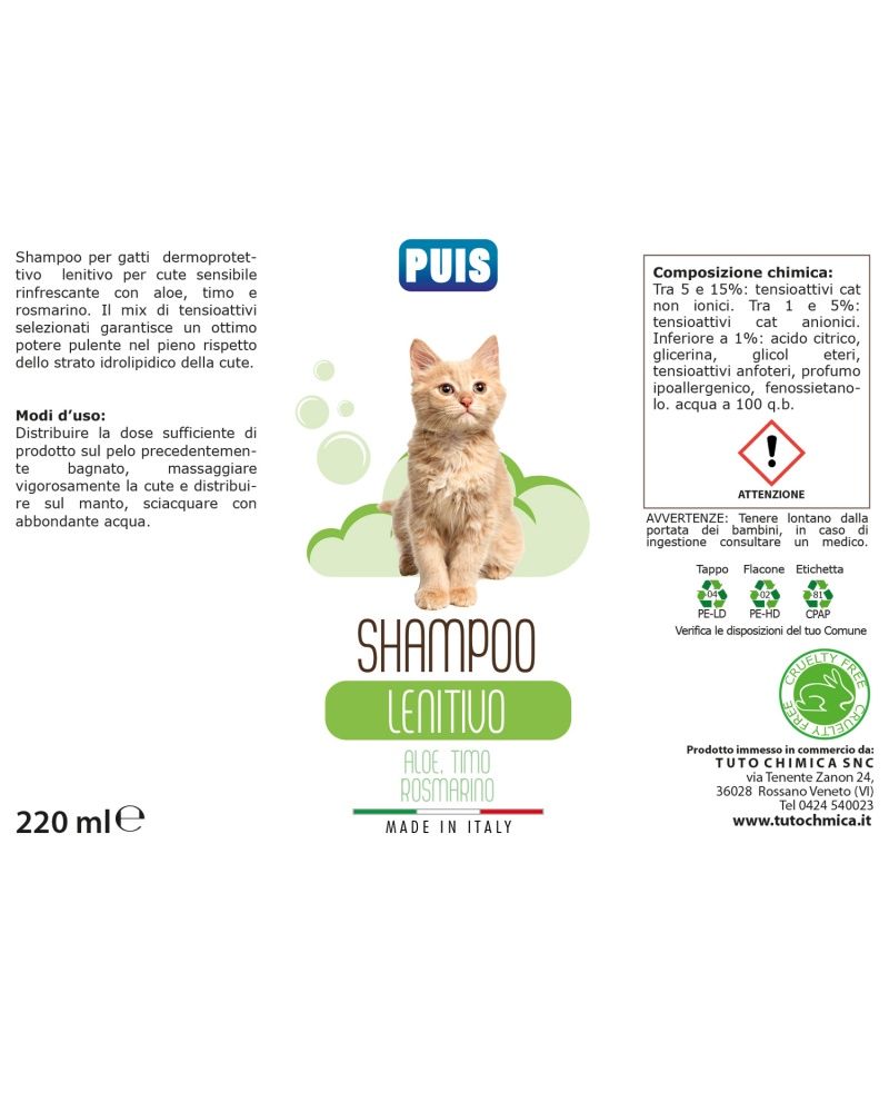 Puis Shampoo gatto lenitivo Aloe, Timo e Rosmarino