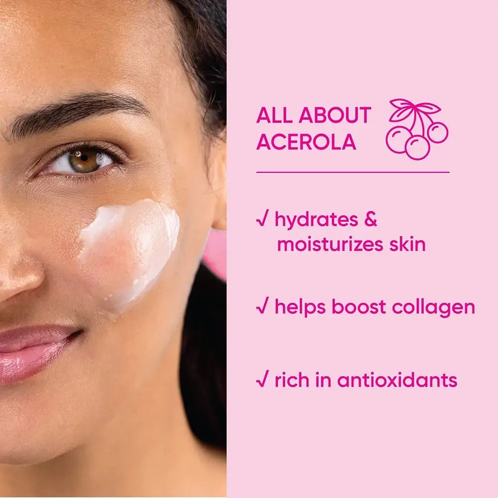 Donna con prodotto sulla guancia. Testo: "ALL ABOUT ACEROLA", "hydrates & moisturizes skin", "helps boost collagen", "rich in antioxidants".
