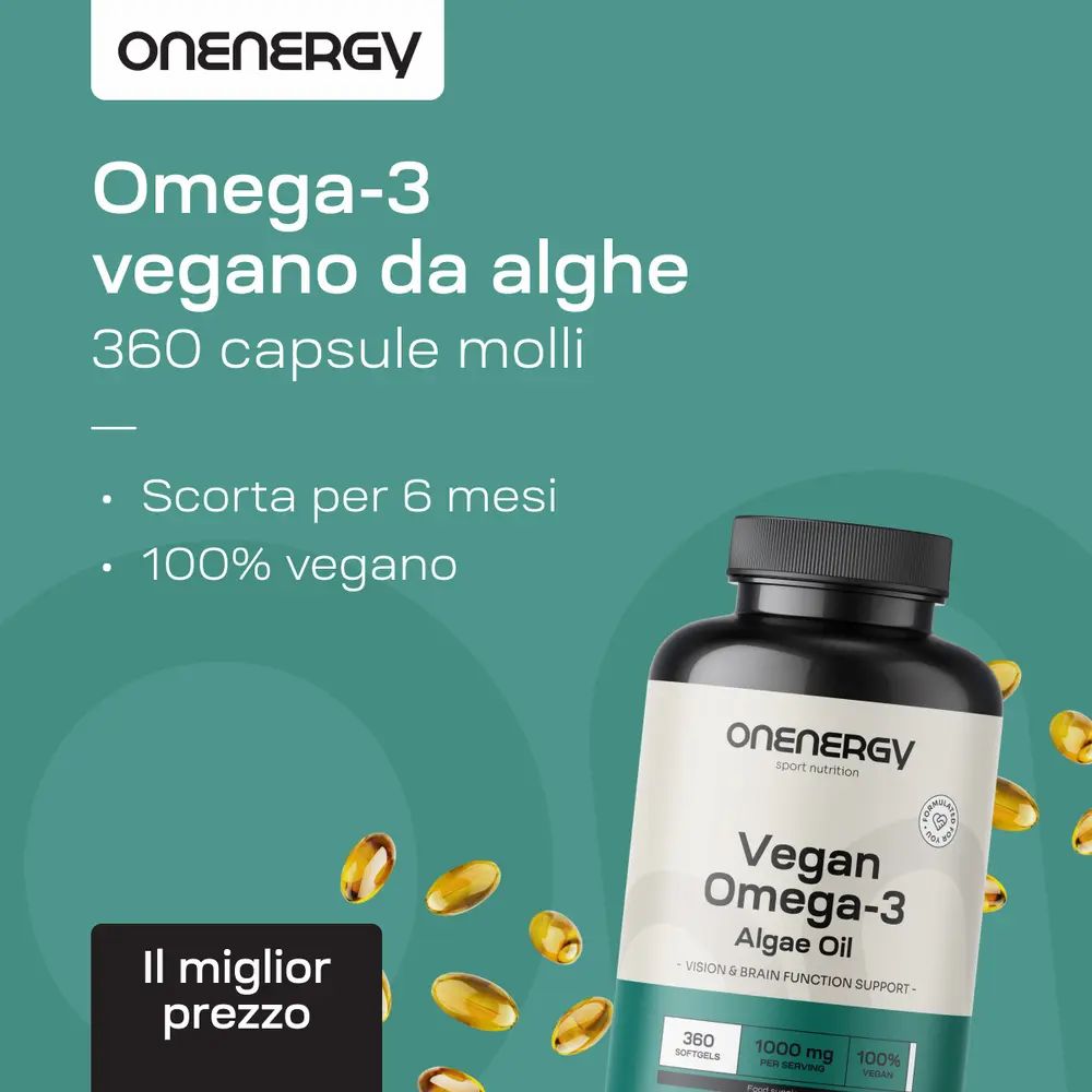 Flacone di OnEnergy Vegan Omega-3 da alghe, 360 capsule. "360 capsule molli", "100% vegano".