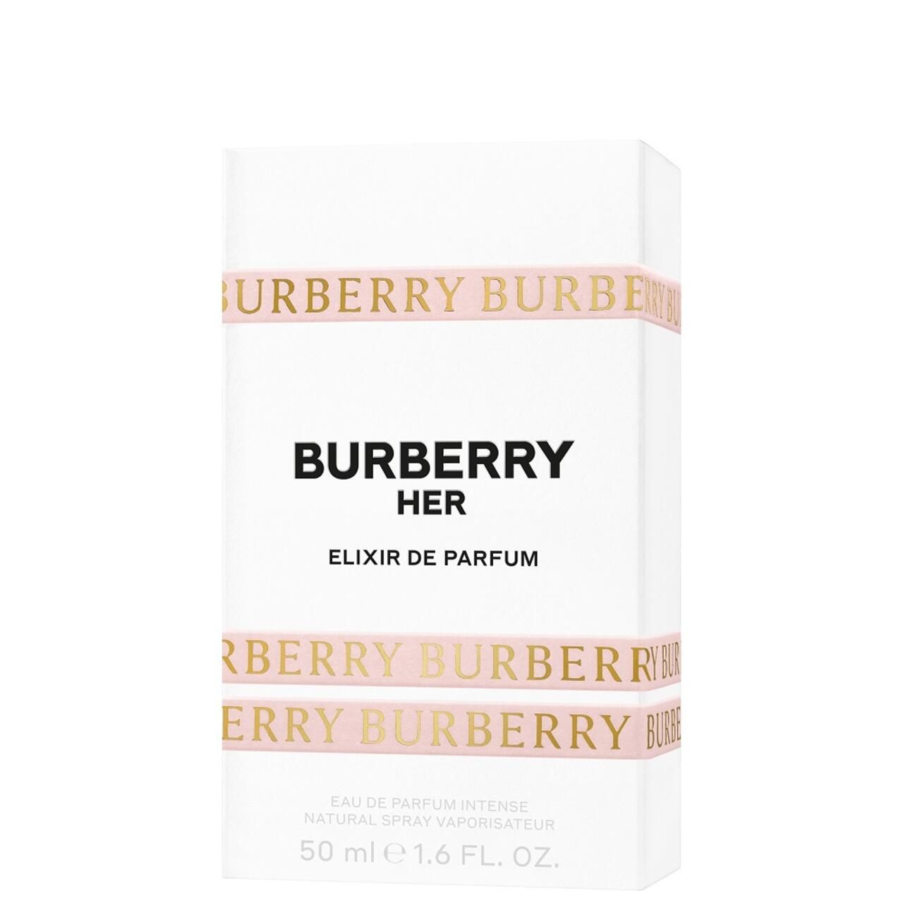Confezione Burberry Her Elixir Eau de Parfum. Bianca con scritta rosa Burberry. Scritta nera.