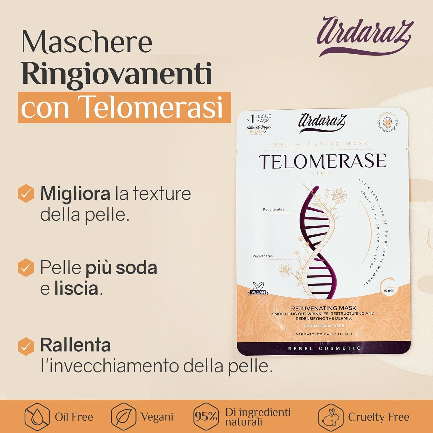 Maschera per il viso con testo: Ringiovanenti con Telomerasi. Testo: migliora la texture della pelle, leviga la pelle, rallenta l'invecchiamento cutaneo. Simboli.