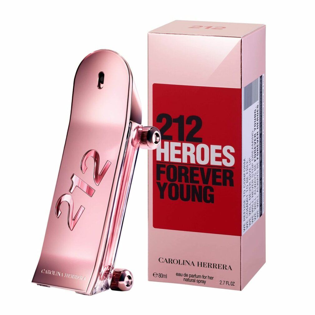 Flacone rosa a forma di skateboard e confezione rosa. Scritta: 212 HEROES FOREVER YOUNG. Marchio: CAROLINA HERRERA.
