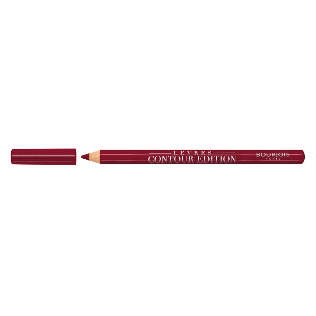 Matita labbra bordeaux con cappuccio aperto. Scritta: Lèvres Contour Edition, Bourjois Paris.