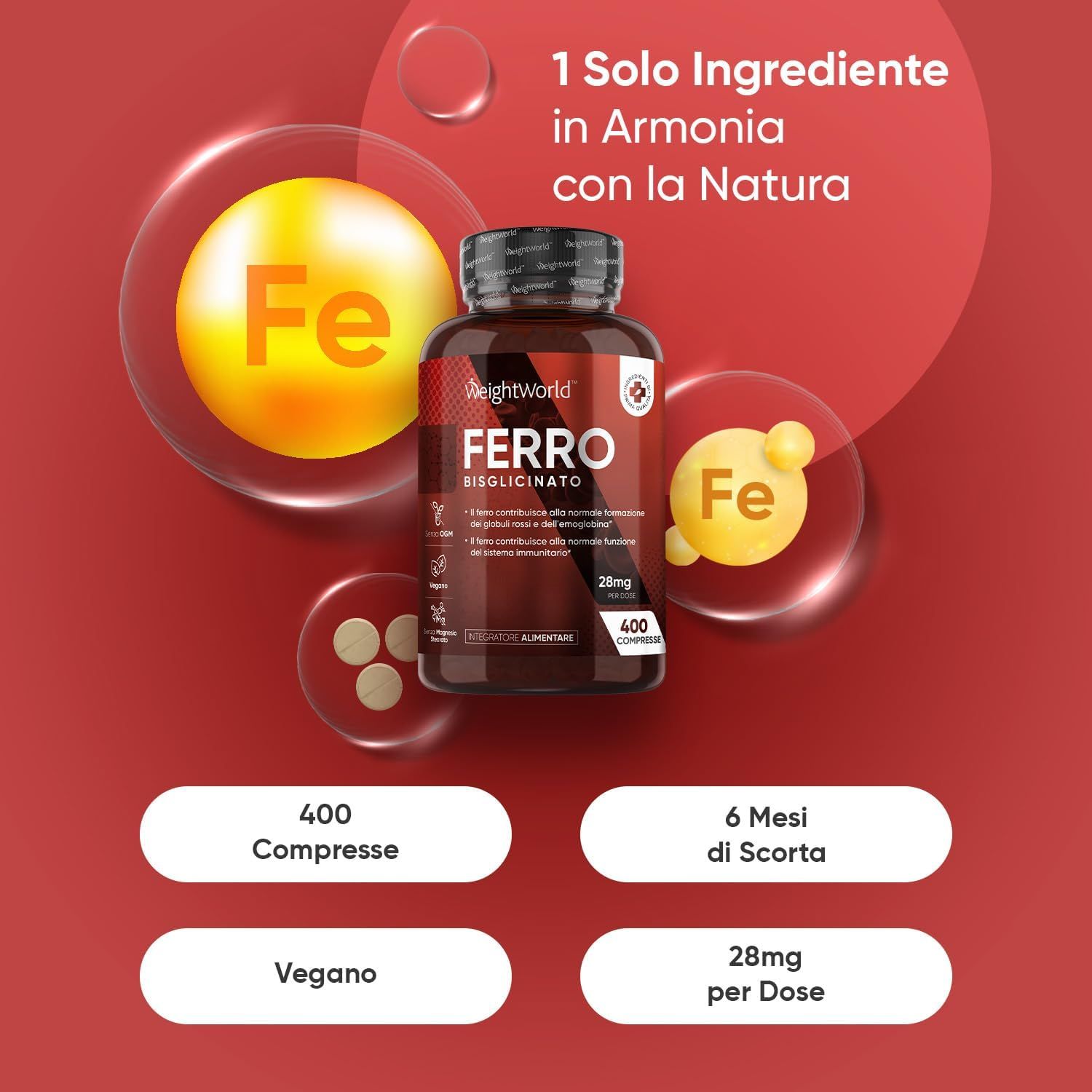 Grafica rossa con flacone e compresse. Testo: 400 compresse, 6 mesi di scorta, 28mg per dose, vegano.