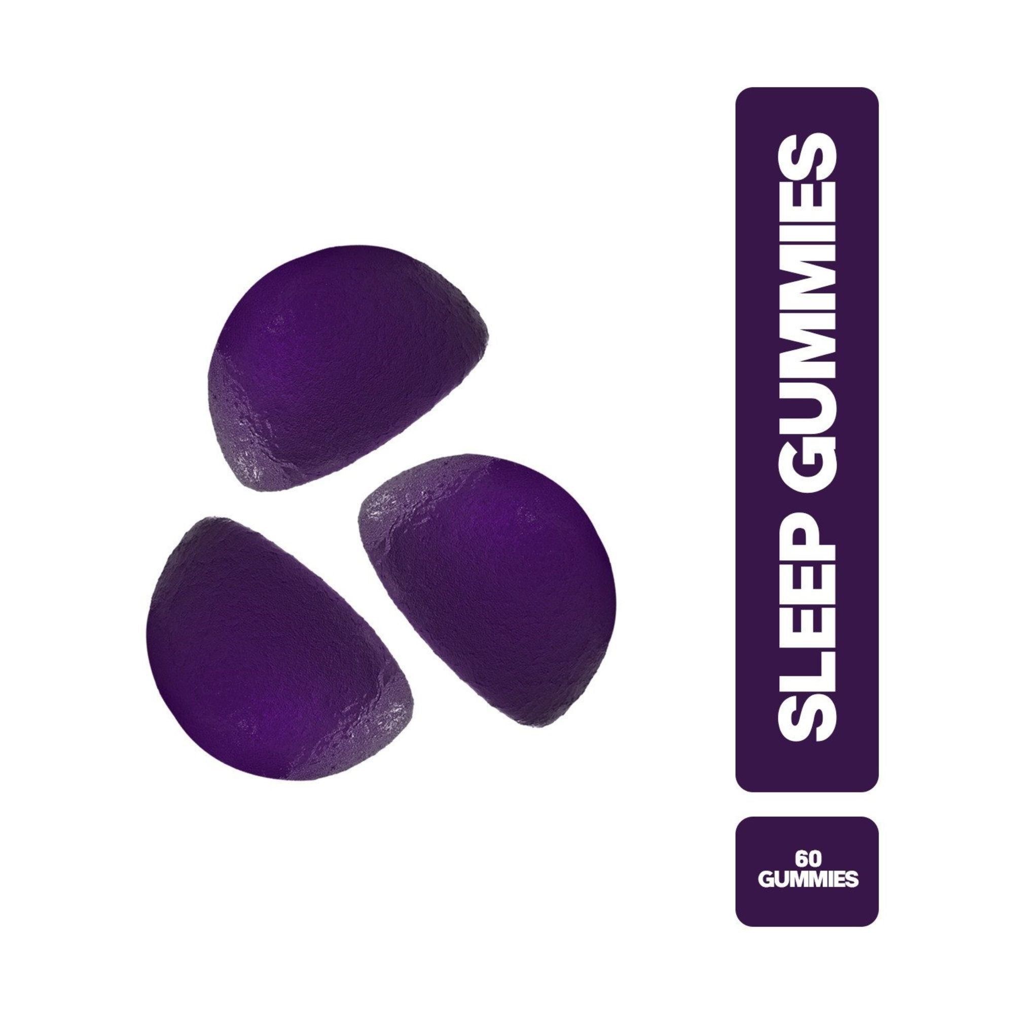 Tre Vita Ceel Sleep Gummies viola accanto a una striscia verticale con informazioni sul prodotto.