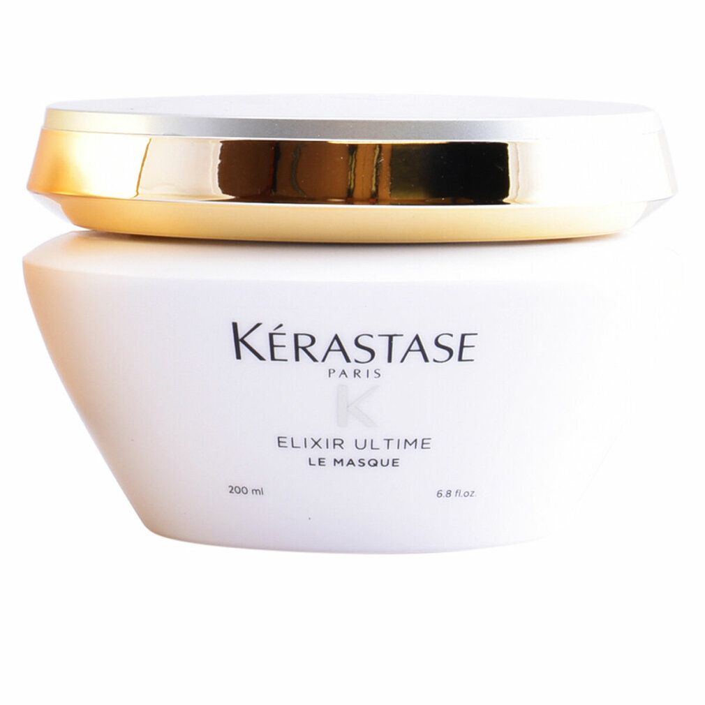 Vaso bianco con coperchio dorato. Scritta Kérastase Paris, Elixir Ultime Le Masque. 200 ml.