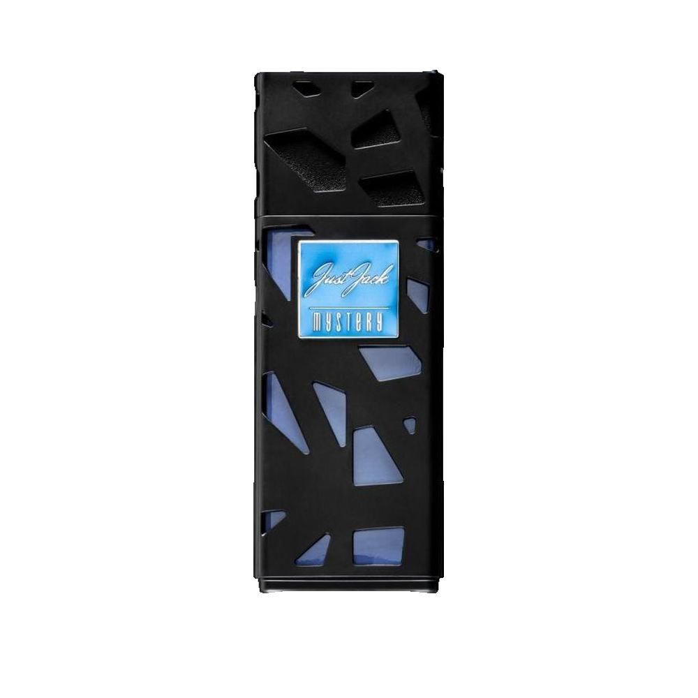 Flacone nero con etichetta blu. Scritta: Just Jack Mystery. Motivo geometrico sul flacone.
