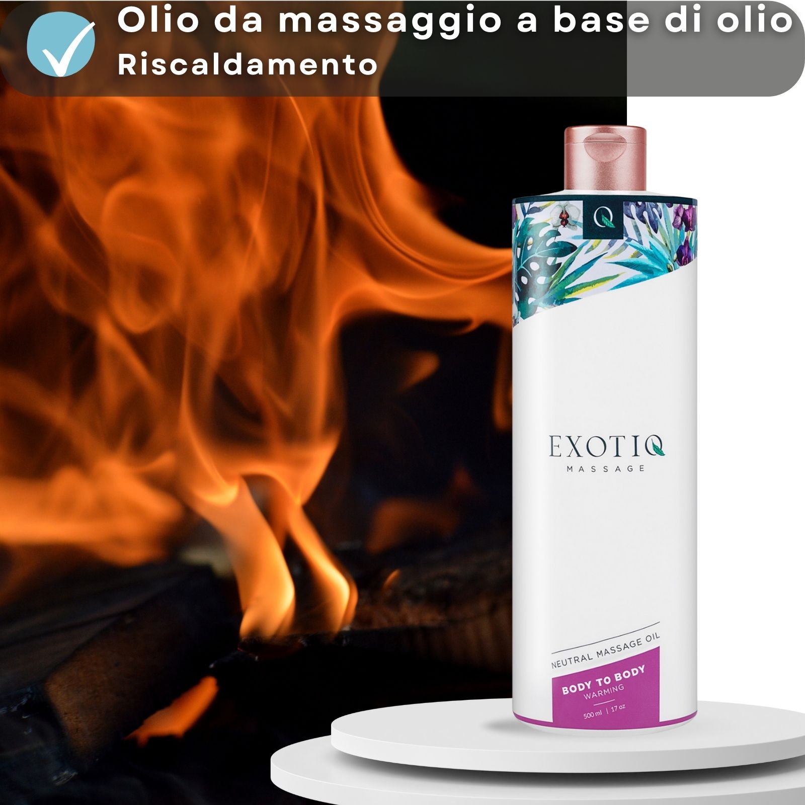 Flacone di olio per massaggio davanti a un caminetto. Testo: Body to Body Warming.