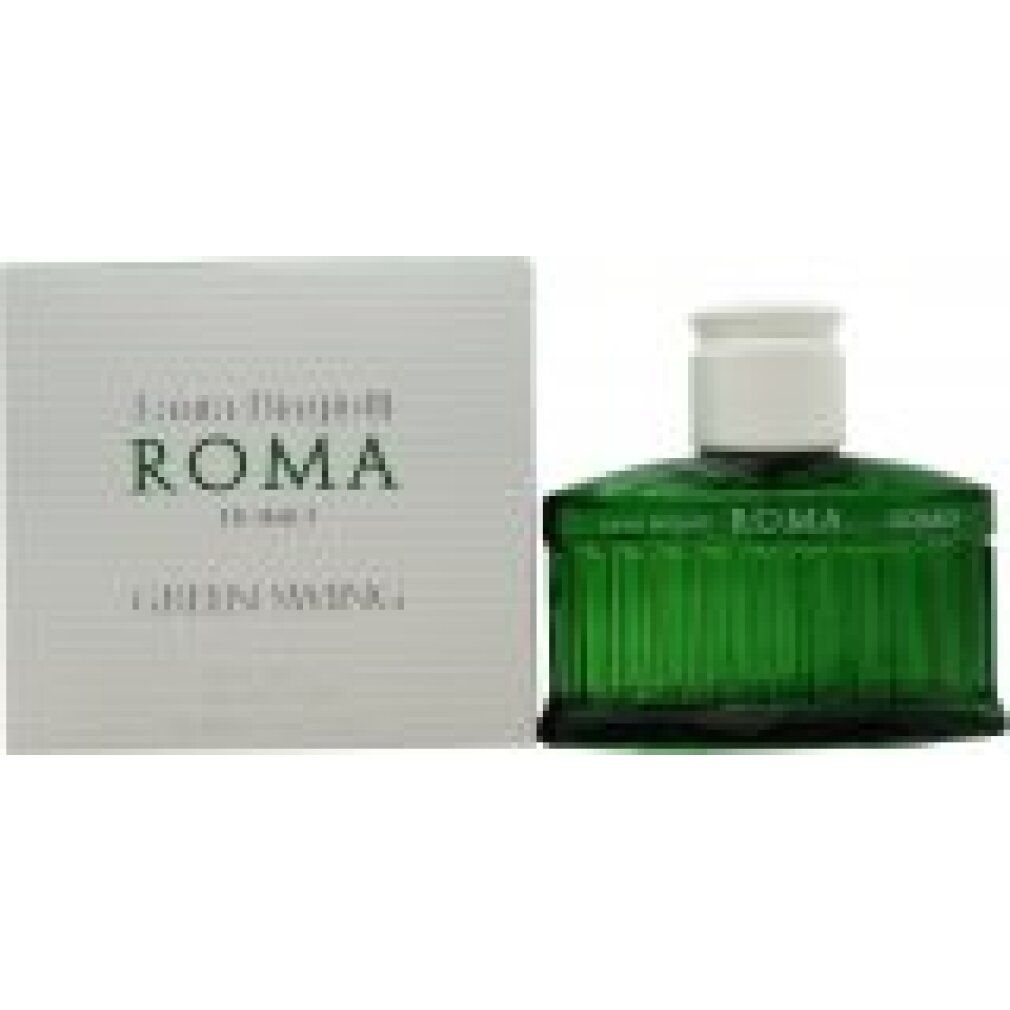 Flacone di vetro verde e confezione. Scritta: Laura Biagiotti ROMA UOMO Green Swing.