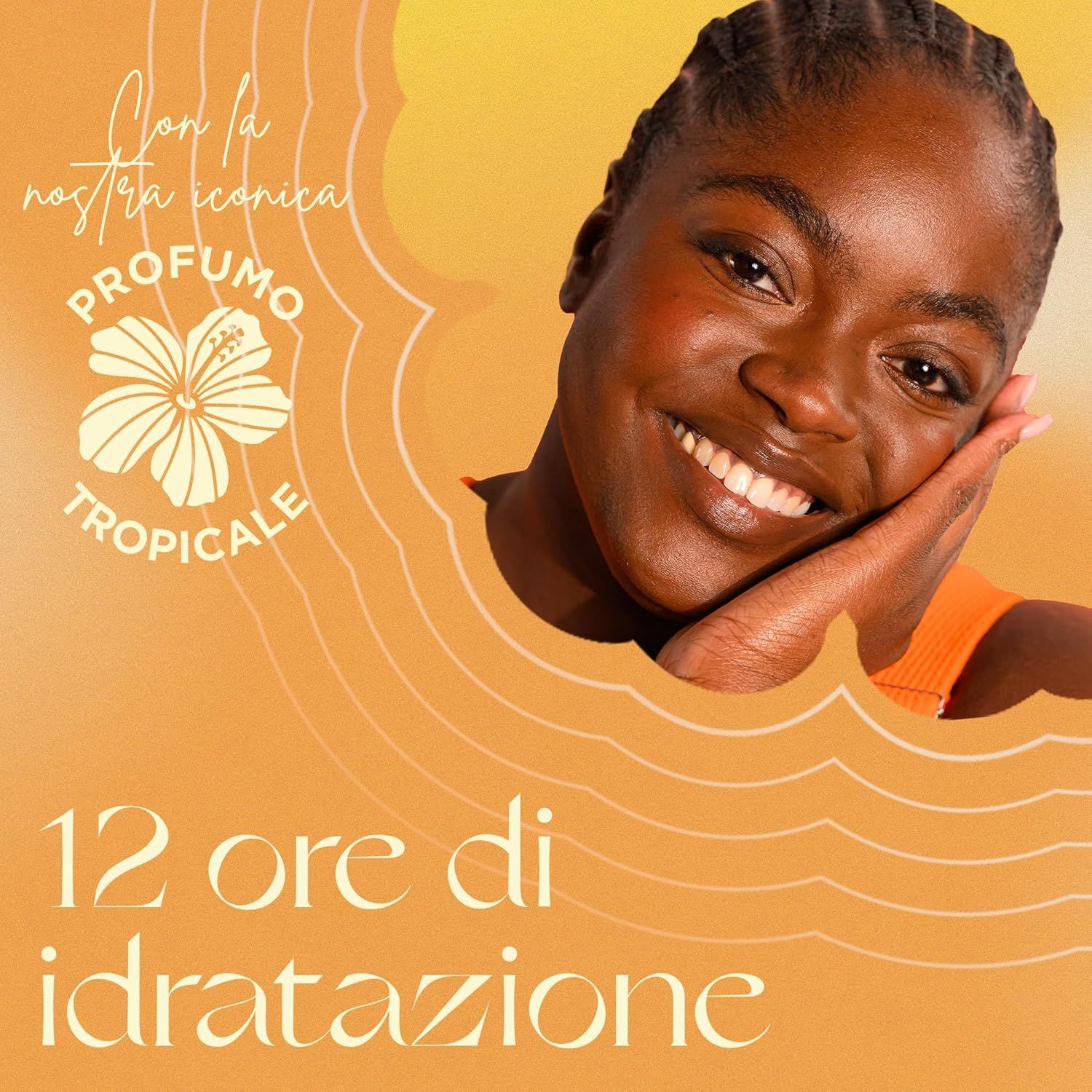 Donna sorridente. Testo: Profumo tropicale, 12 ore di idratazione.