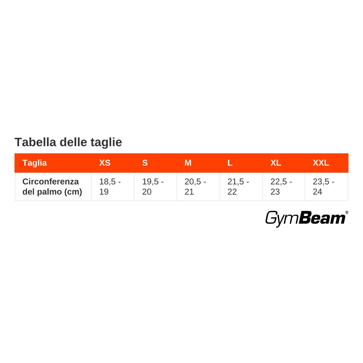 Tabella taglie per guanti da fitness GymBeam con misure in cm.