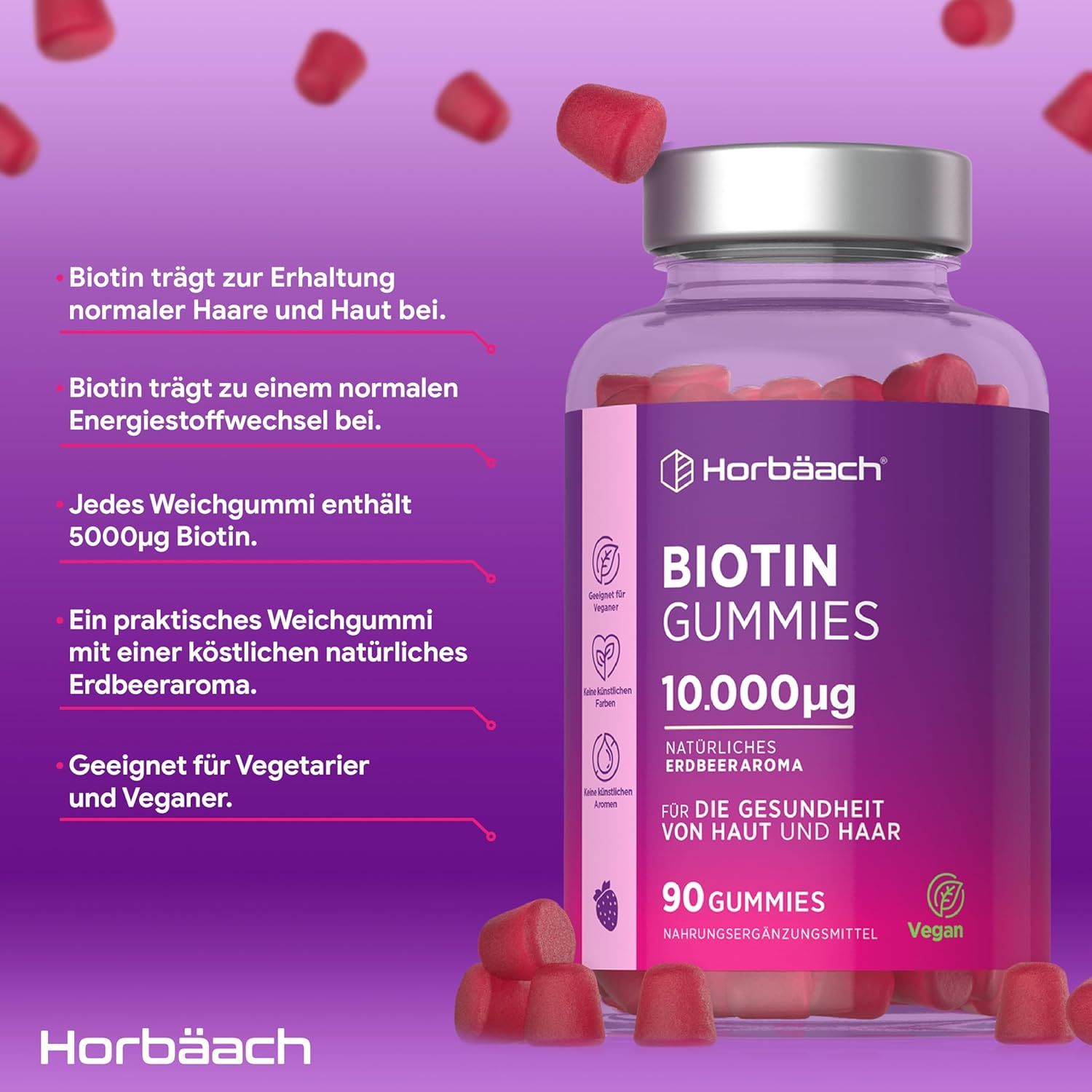 Biotin Gummies in bottiglia. Orsetti gommosi rossi. Testo: 10.000µg, 90 Gummies, Vegan. Informazioni su ingredienti e utilizzo.