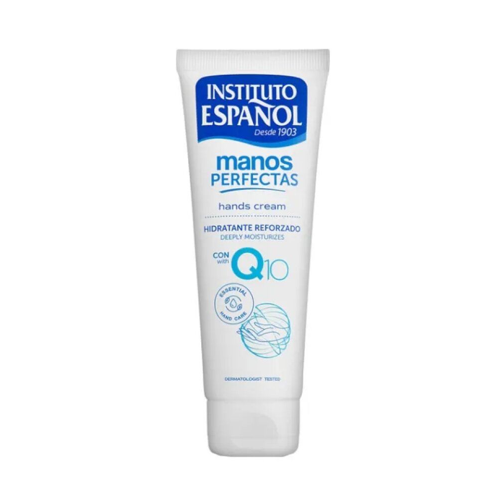 Tubo bianco con logo blu Instituto Español, scritta 'manos perfectas', 'hands cream' e 'Q10'.