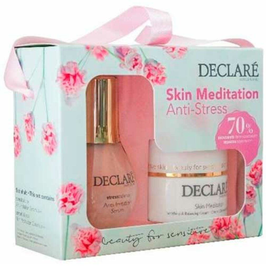 Confezione regalo DECLARÉ Skin Meditation Anti-Stress con siero e crema. Confezione floreale con nastro rosa.