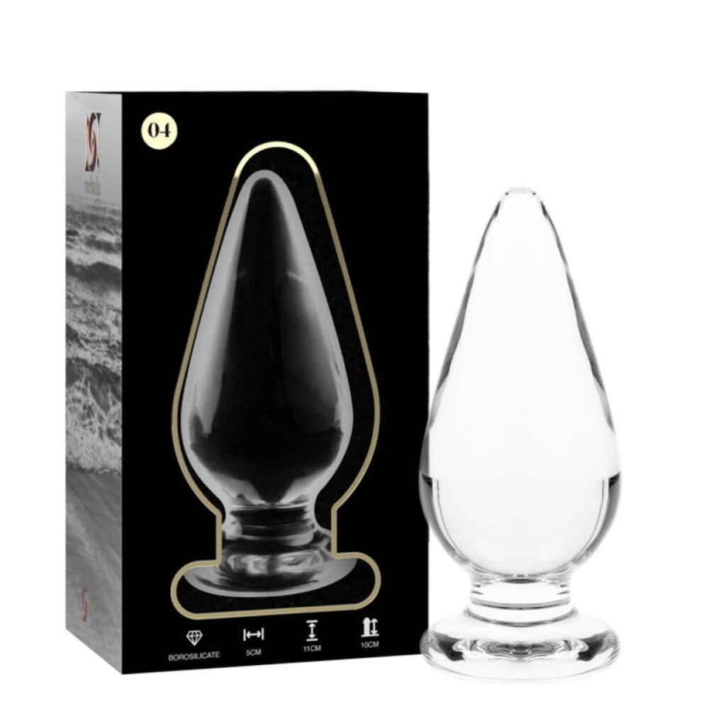 Spina anale in vetro borosilicato, affusolata, con flangia. Confezione visibile.