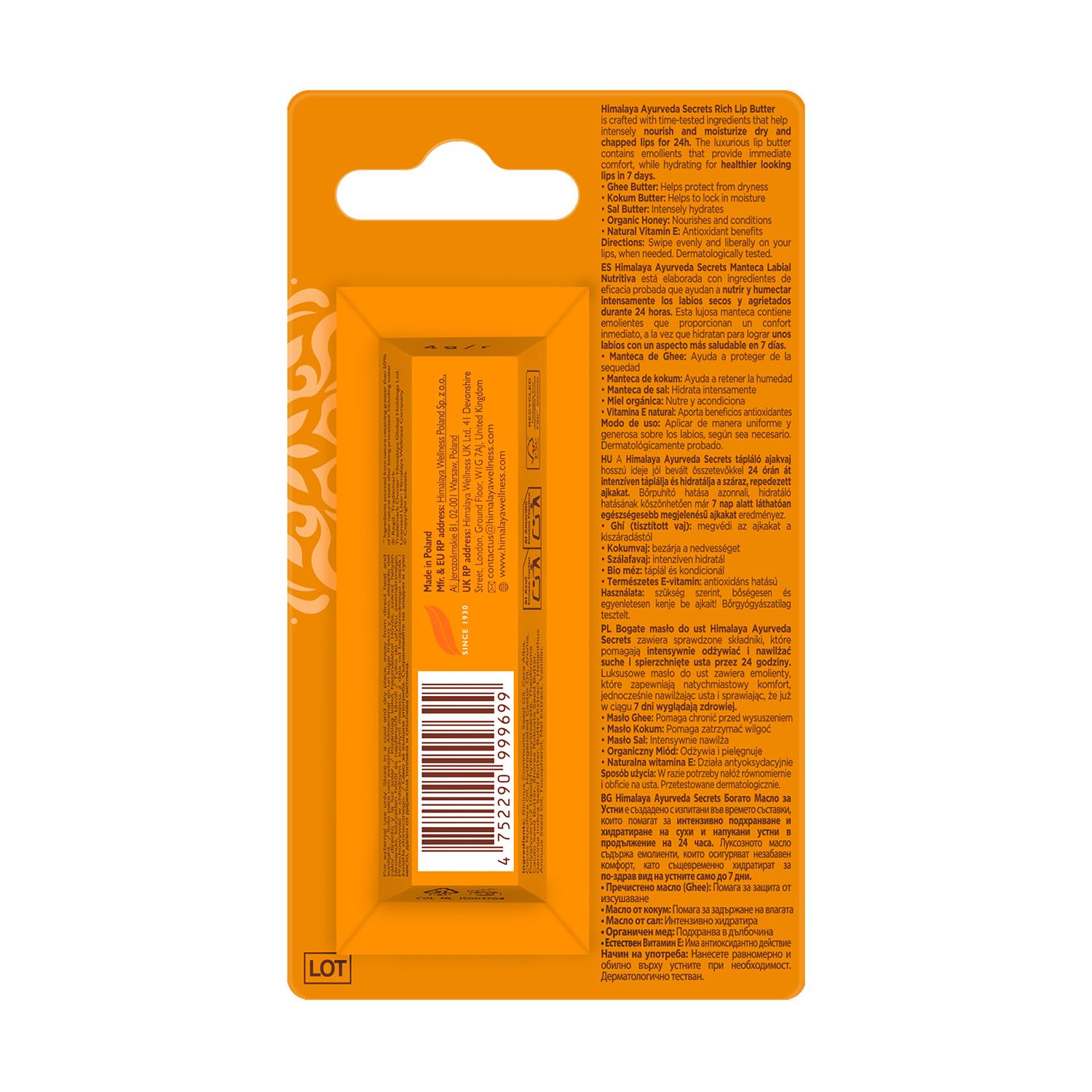 Retro della confezione di un balsamo labbra Himalaya Ayurveda Secrets Rich Butter Stick.