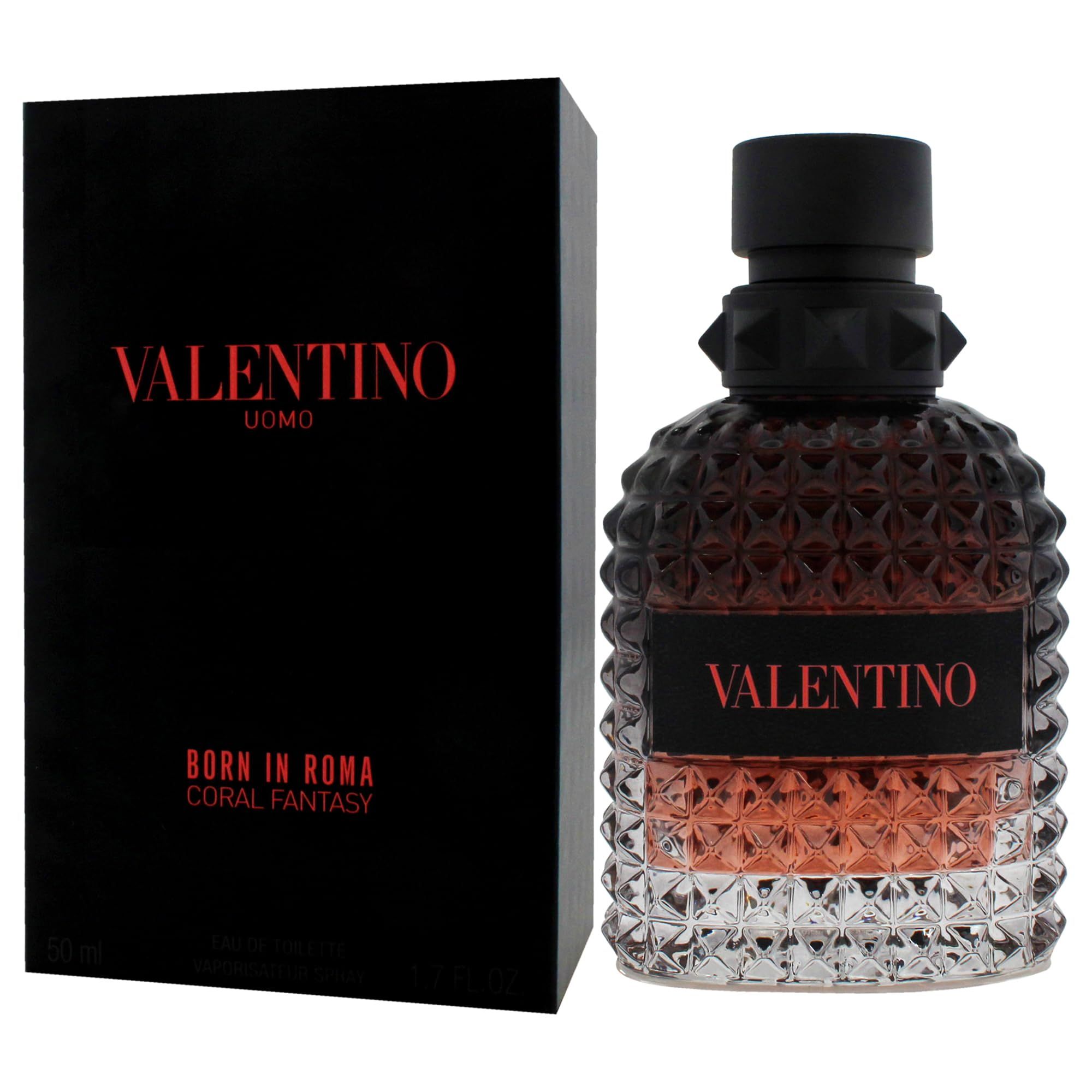 Valentino Born In Roma Coral Fantasy Eau de Parfum. Flacone e confezione. Scritta rossa su sfondo nero.