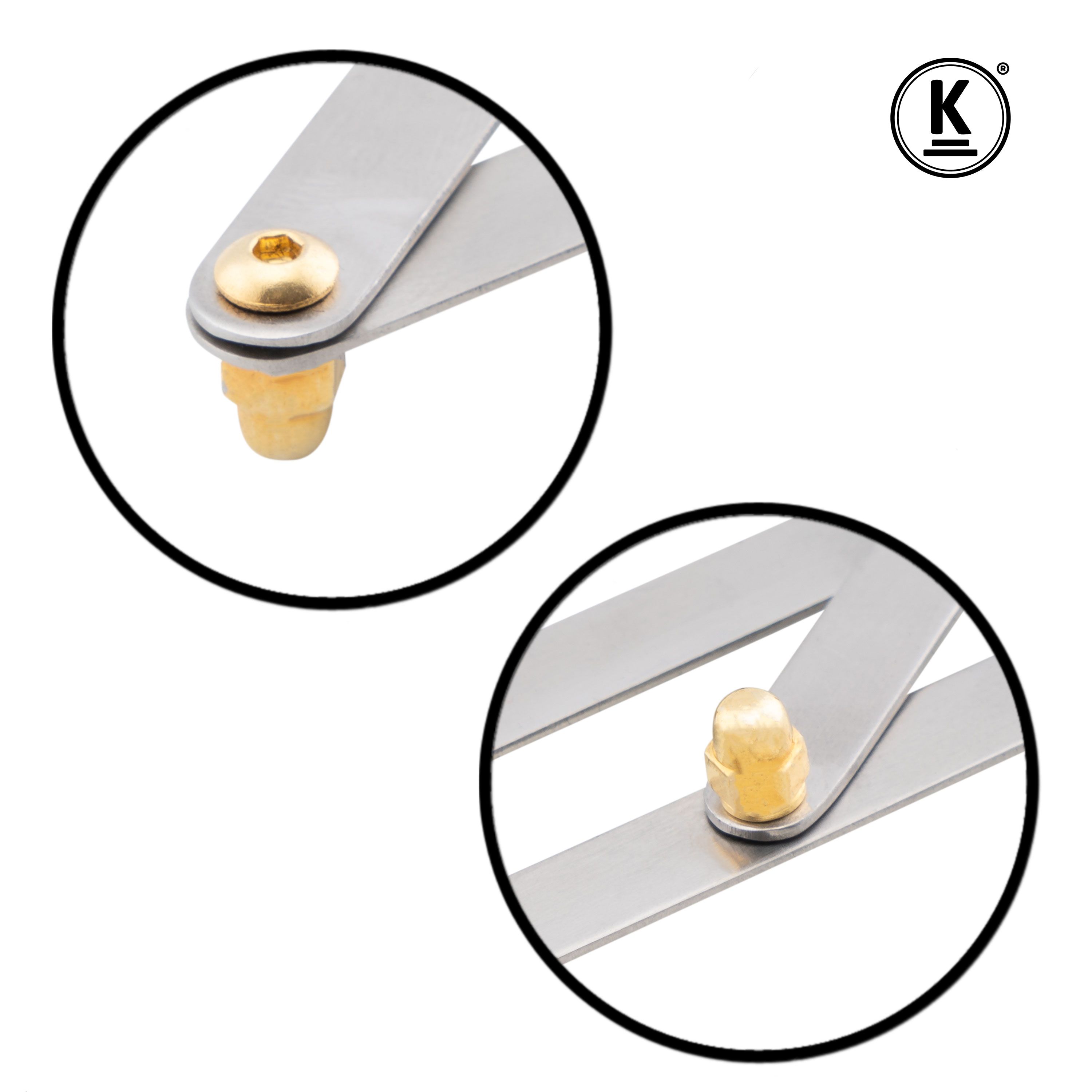 Primo piano di giunti e viti di un righello per sopracciglia. Viti dorate. Logo K-Pro.