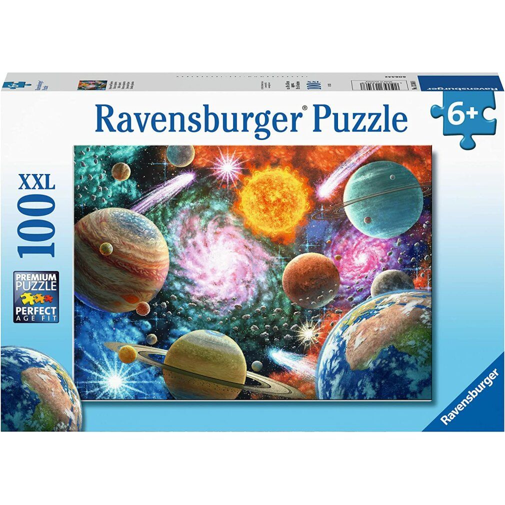 Scatola puzzle con motivo pianeti e stelle. Contiene 100 pezzi. Marca: Ravensburger. Età consigliata: 6+.