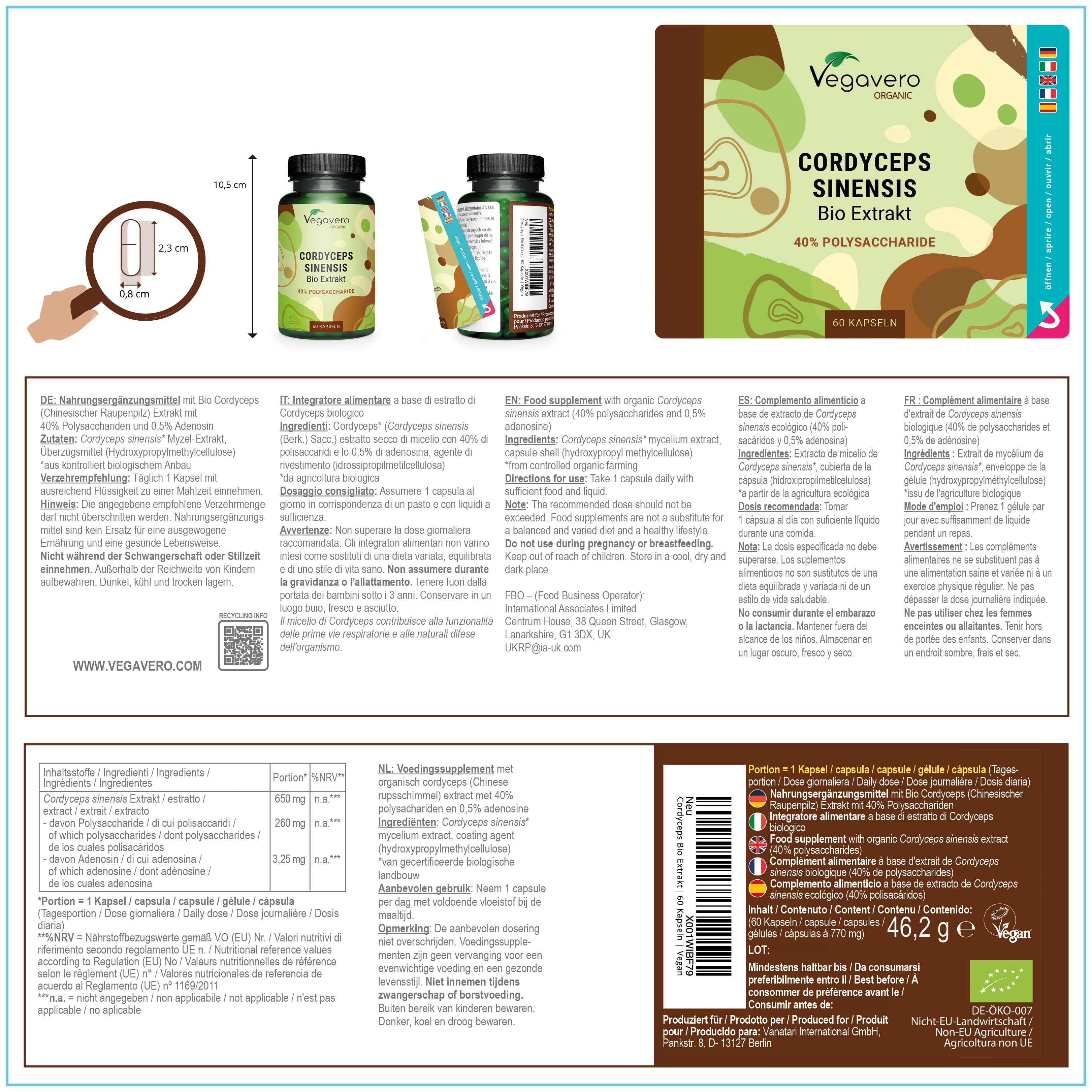 Confezione del prodotto con flacone e foglietto illustrativo. Contiene informazioni su Cordyceps Sinensis Bio Extrakt. Marchio: Vegavero Organic.