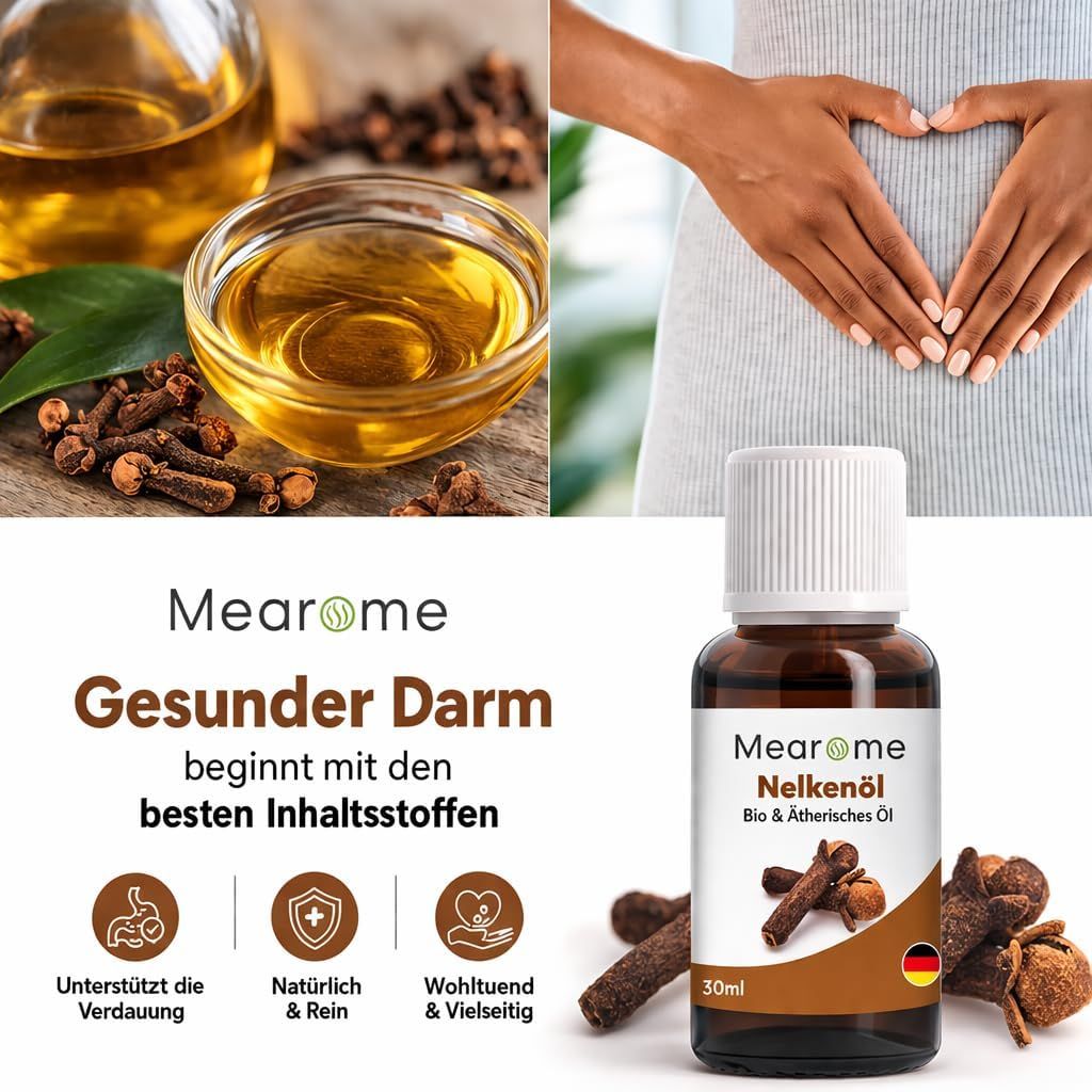 Flacone di prodotto, ciotola con olio, chiodi di garofano. Temi: digestione, salute intestinale. Bandiera francese.