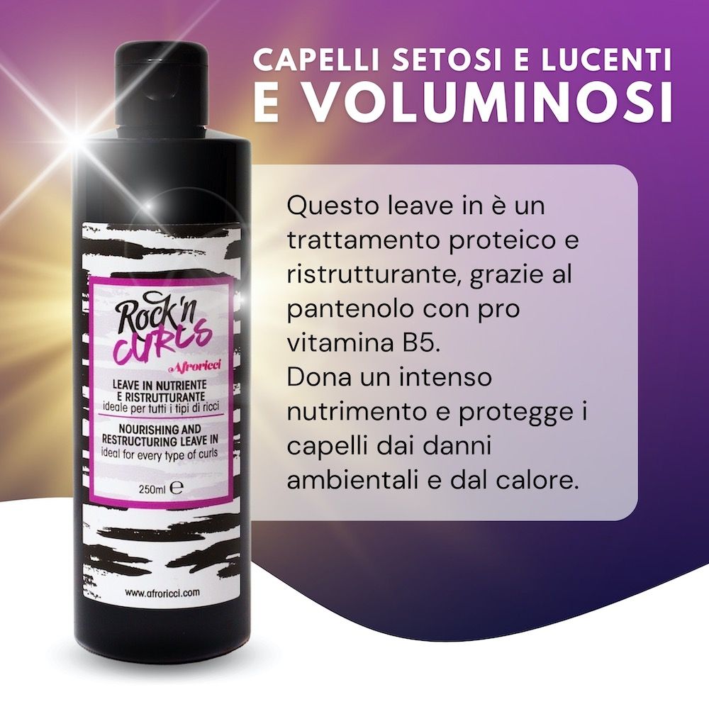 Flacone nero con etichetta bianca e rosa. Testo: Rock'n Curls, Leave In Nutriente e Ristrutturante, 250ml.