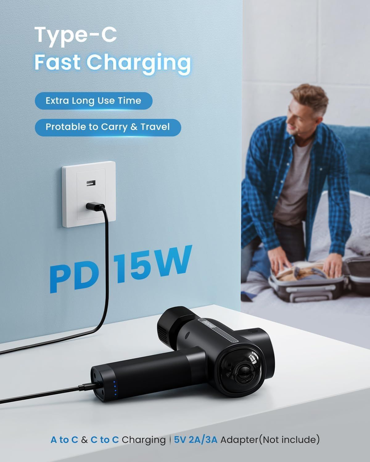 Massaggiatore nero con cavo collegato a una presa. Testo: Type-C Fast Charging, PD 15W.