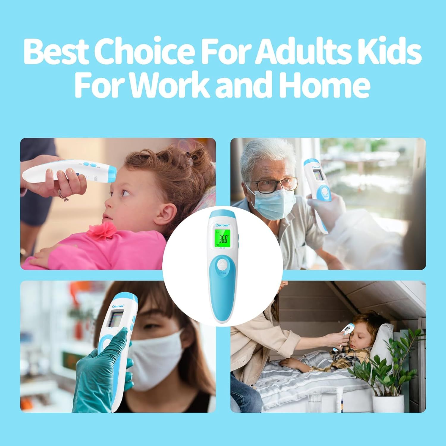 Uso del termometro su adulti e bambini. Persone con maschere. Marchio: Berrcom.