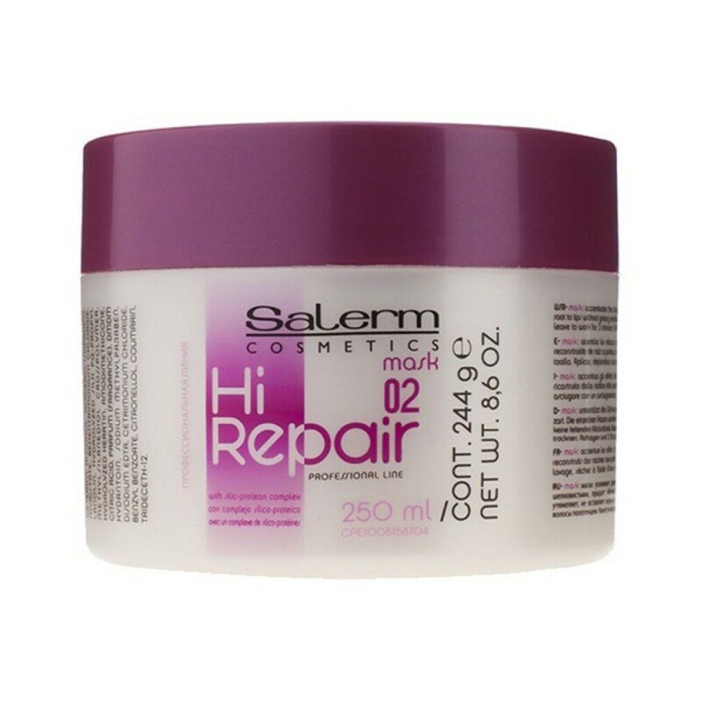 Barattolo di crema con coperchio. Scritta: Salerm Cosmetics Hi Repair Mask 02. Contenuto: 250 ml. Confezione rosa e bianca.