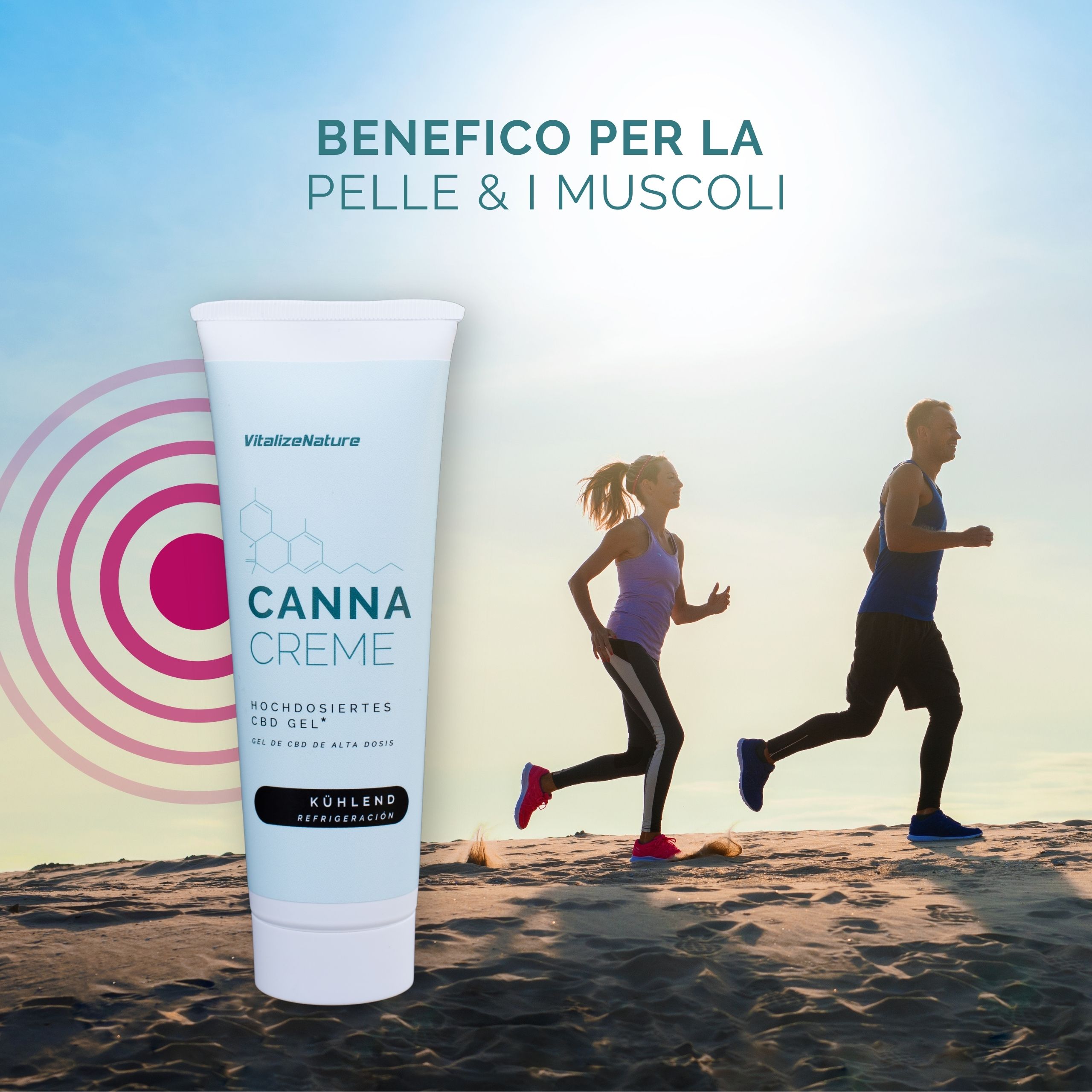 Tubo di Canna Creme CBD Gel. Testo: Benefico per la pelle & i muscoli. Corridori.