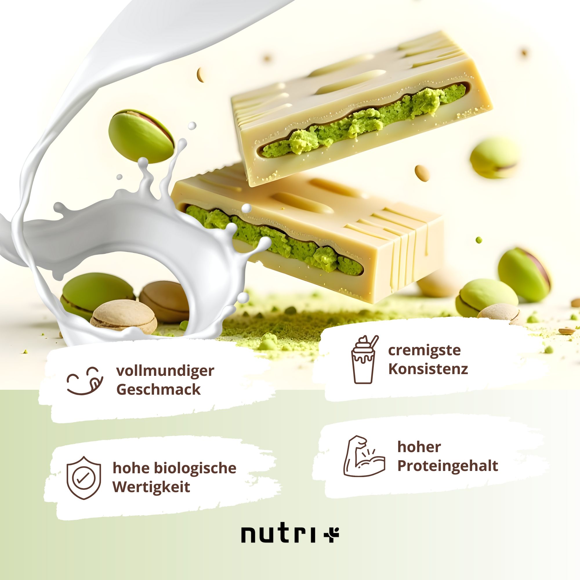 Due barrette di cioccolato con ripieno di pistacchio e spruzzi di latte. Testo: Gusto corposo, consistenza cremosa, alto valore biologico, alto contenuto proteico.