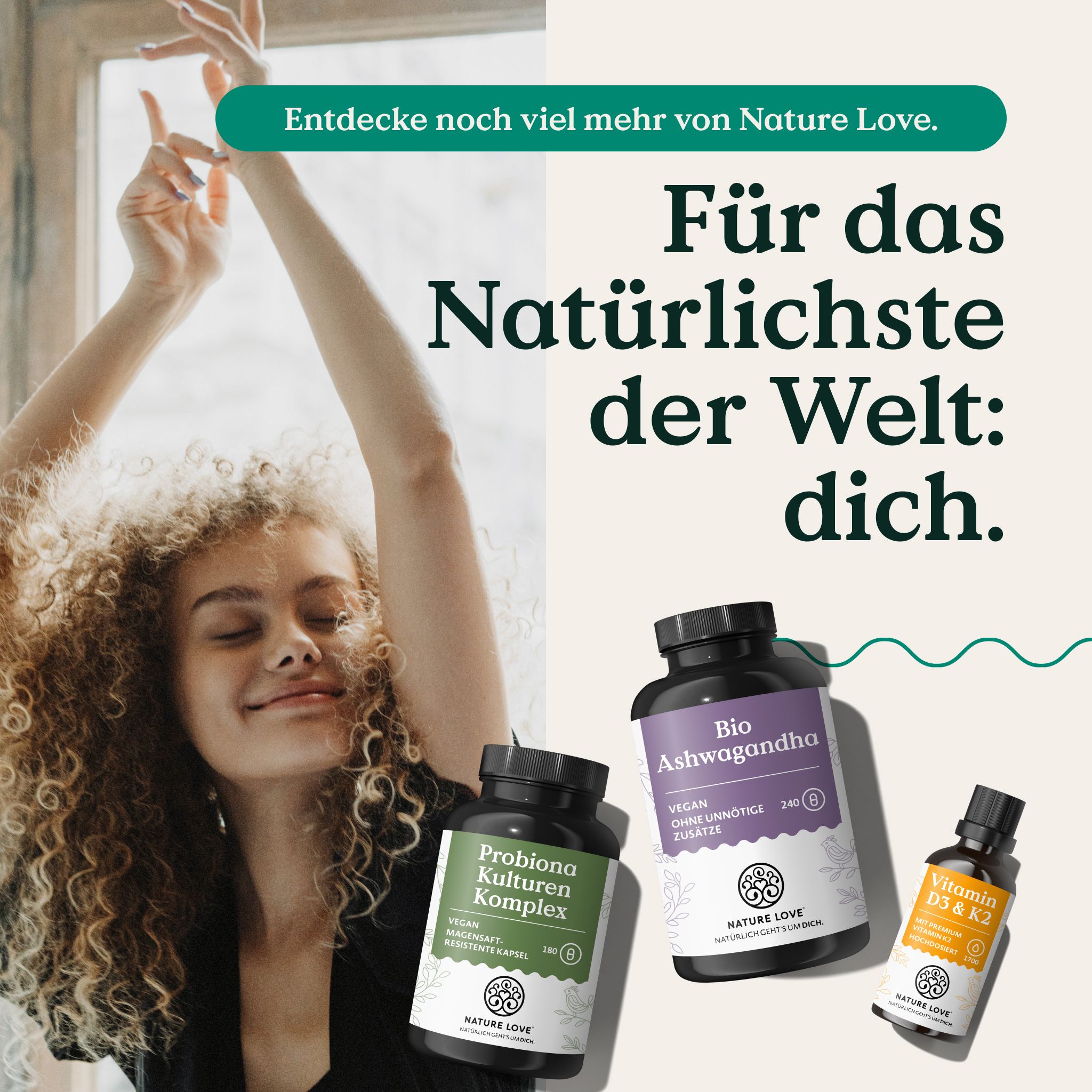 Donna con capelli ricci, prodotti: Probiona Kulturen Komplex, Bio Ashwagandha.