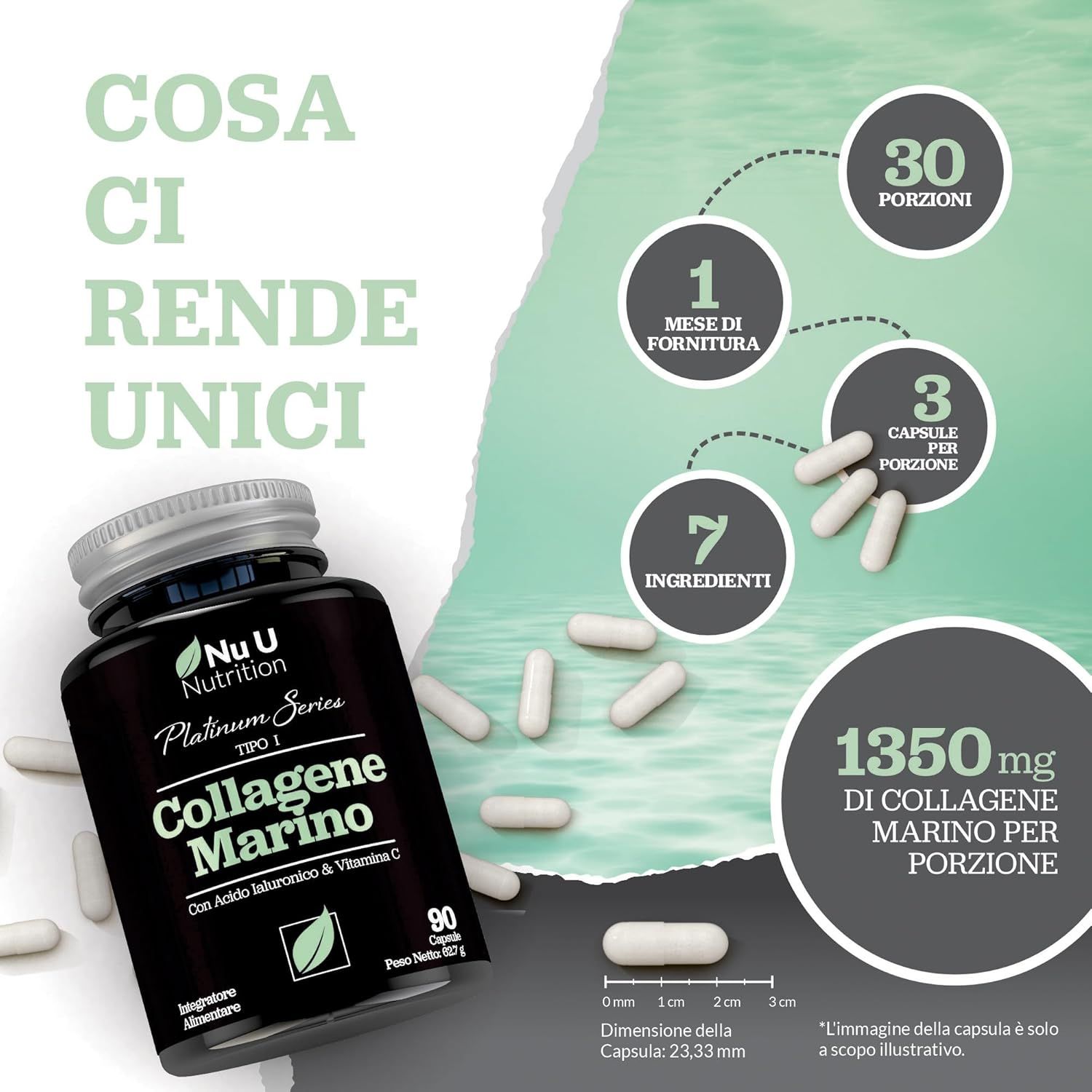 Grafico: 1 mese di fornitura, 3 capsule per porzione, 7 ingredienti, 1350mg di collagene per porzione. Flacone con capsule.