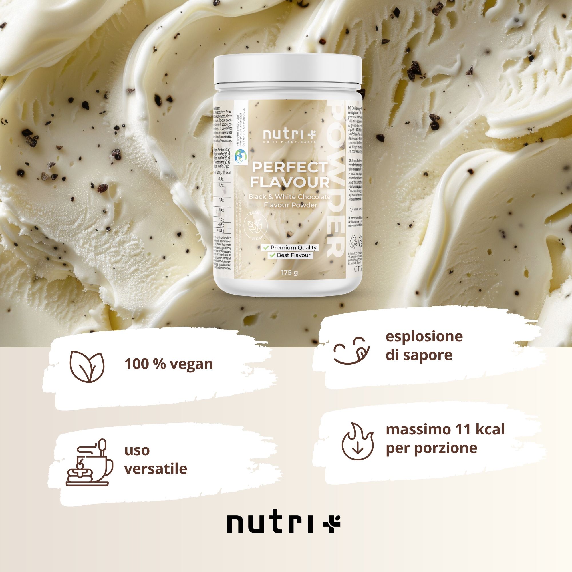 Immagine del prodotto con simboli: 100% vegano, esplosione di sapore, uso versatile, massimo 11 kcal per porzione.