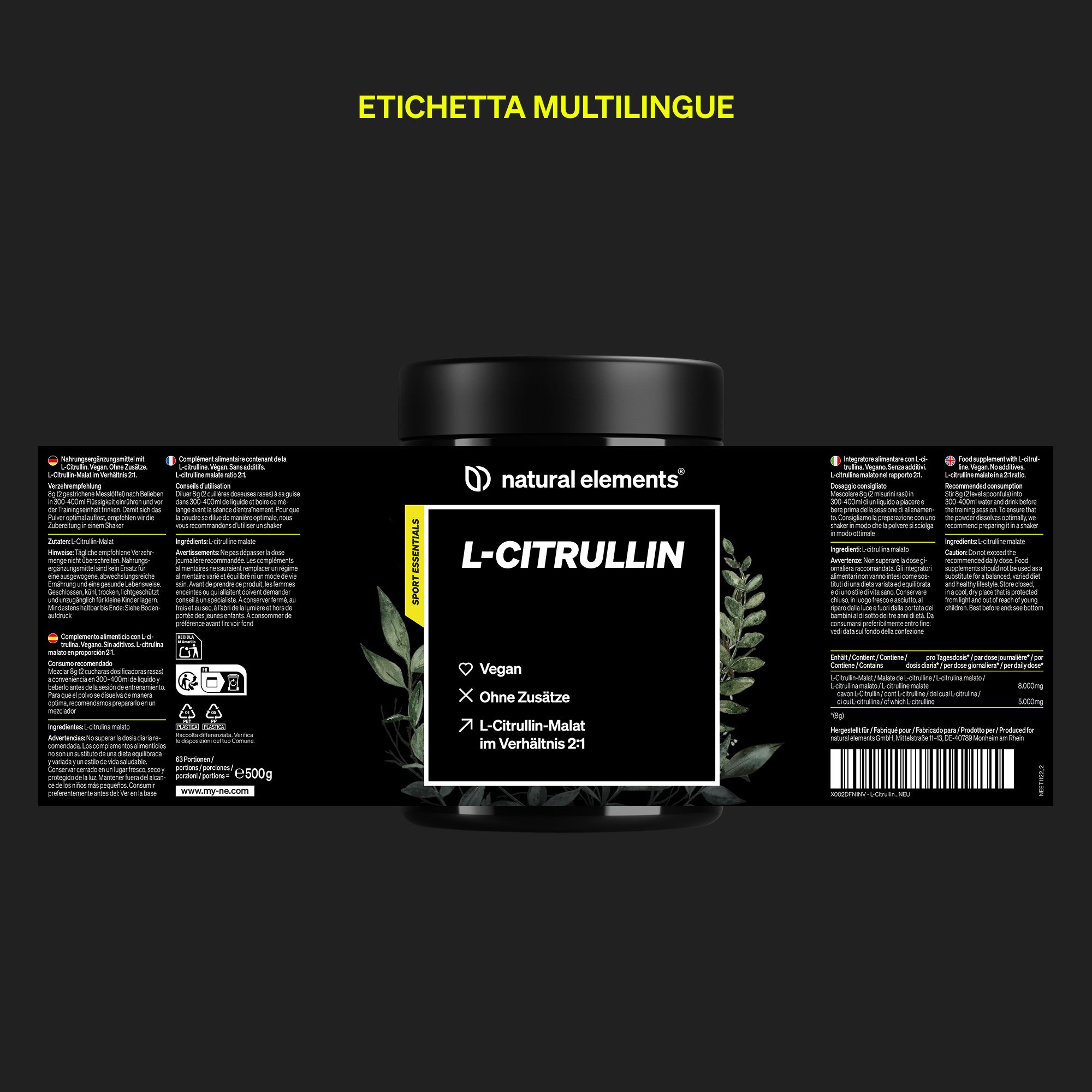 Natural Elements L-Citrullina in polvere, vegano, senza additivi, 1000g.