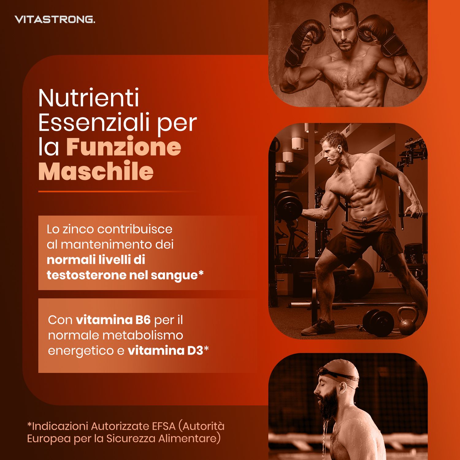 Vitastrong Prosta Pro. Immagini di uomini che fanno sport. Testo: Nutrienti essenziali per la funzione maschile.